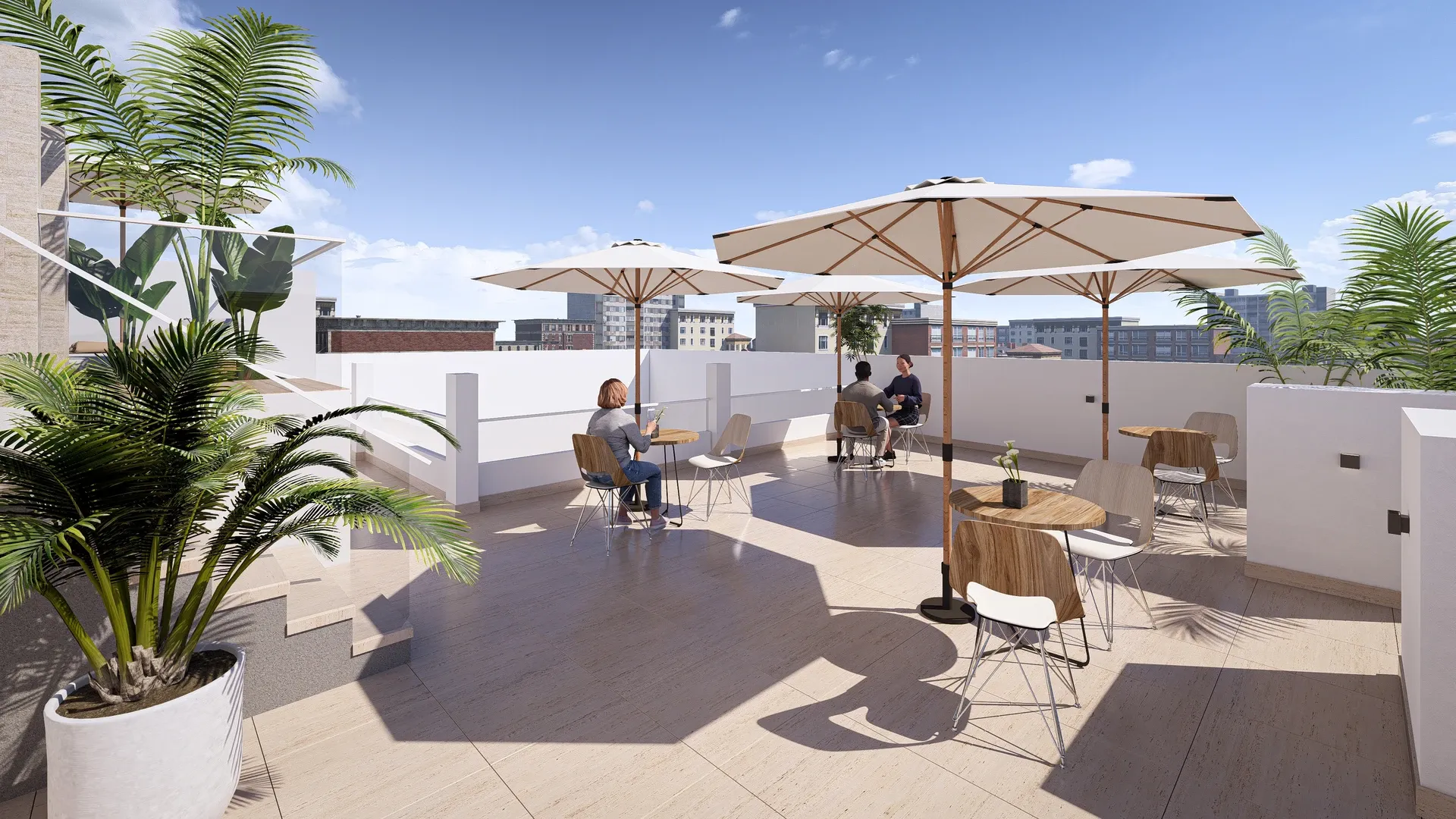 Terraza lounge panorámica en la azotea con zonas de descanso